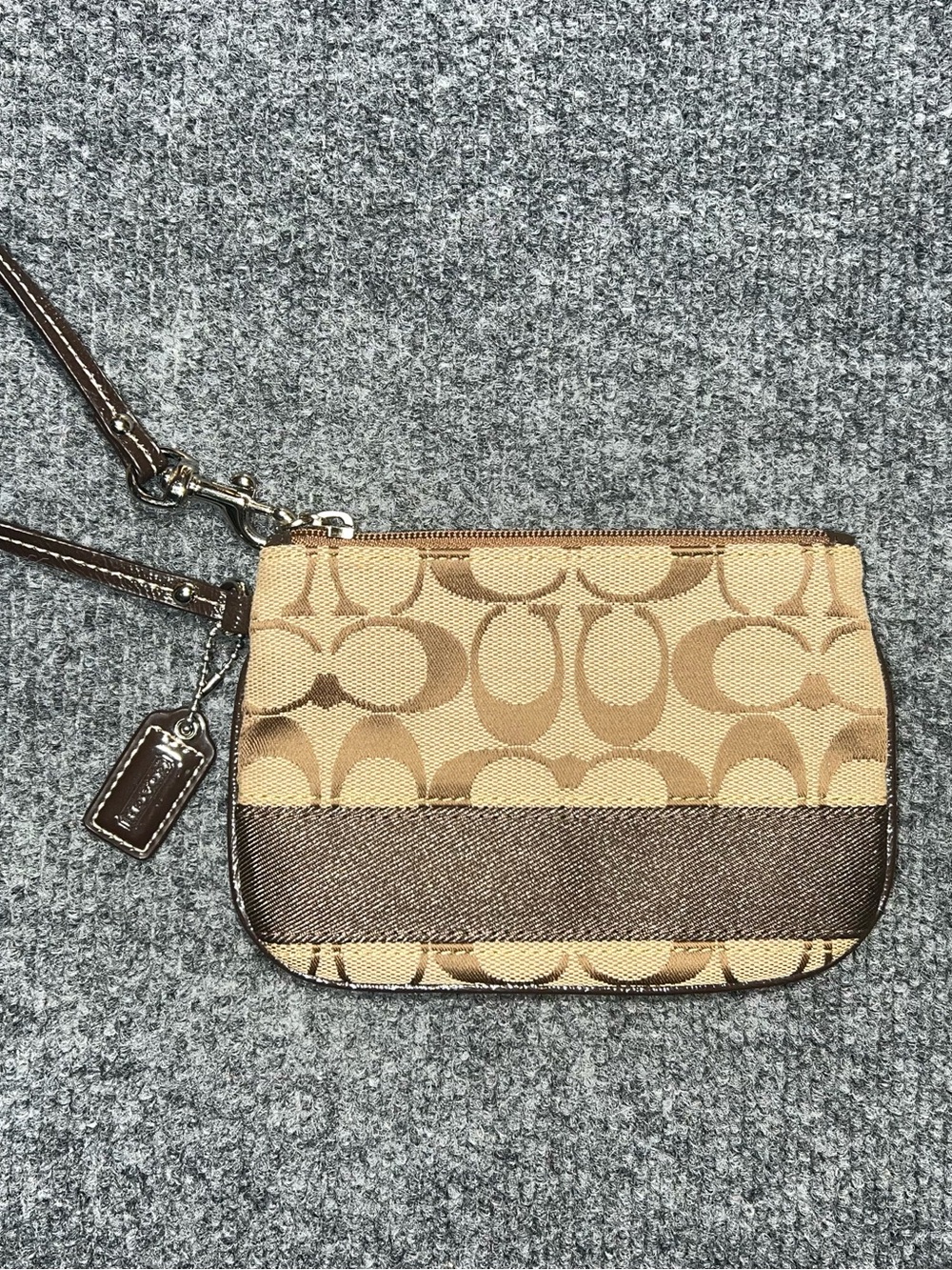 Coach Tan Signature Canvas Wristlet with Brown Trim
